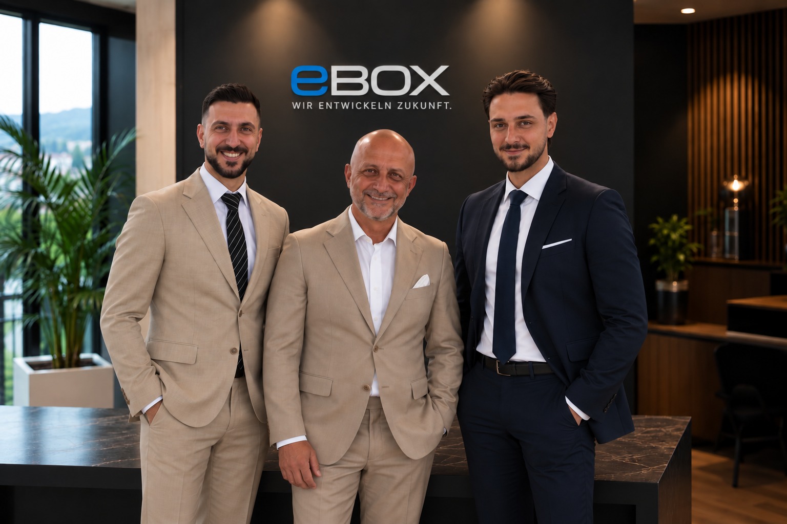 Das eBOX Team vor dem eBOX Logo